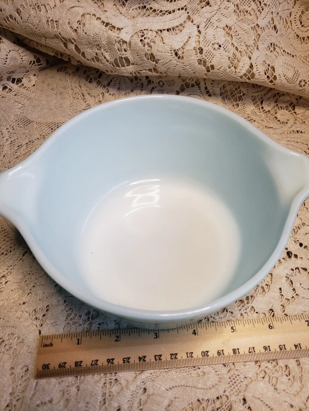 Vintage Pyrex Turquoise Blue Amish Mixing Bowl with White Folk Pattern